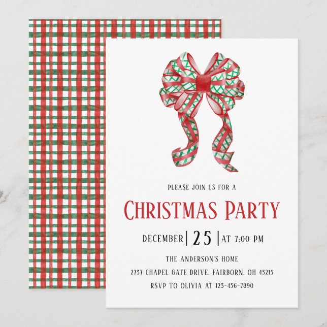 Watercolor Red Green Plaid Bow Christmas Party  Invitation (Front/Back)
