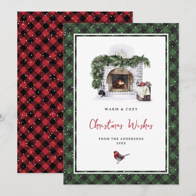 Watercolor Red Green Plaid Christmas Wishes Cards (Front/Back)