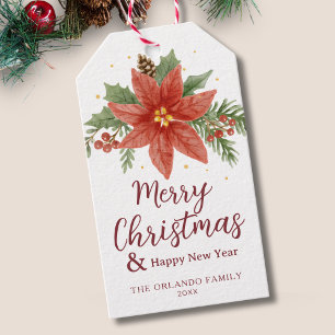 Watercolor Red Green Poinsettia Merry Christmas Gift Tags