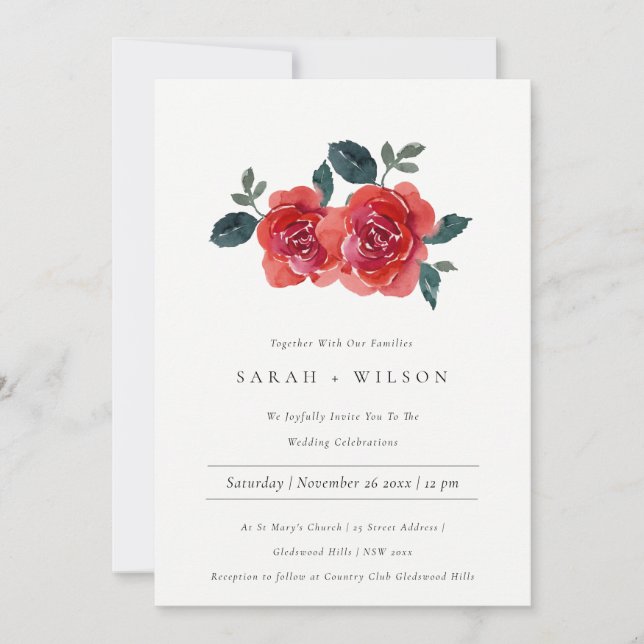 WATERCOLOR RED GREEN ROSE FLORAL WEDDING INVITE (Front)