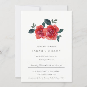 WATERCOLOR RED GREEN ROSE FLORAL WEDDING INVITE