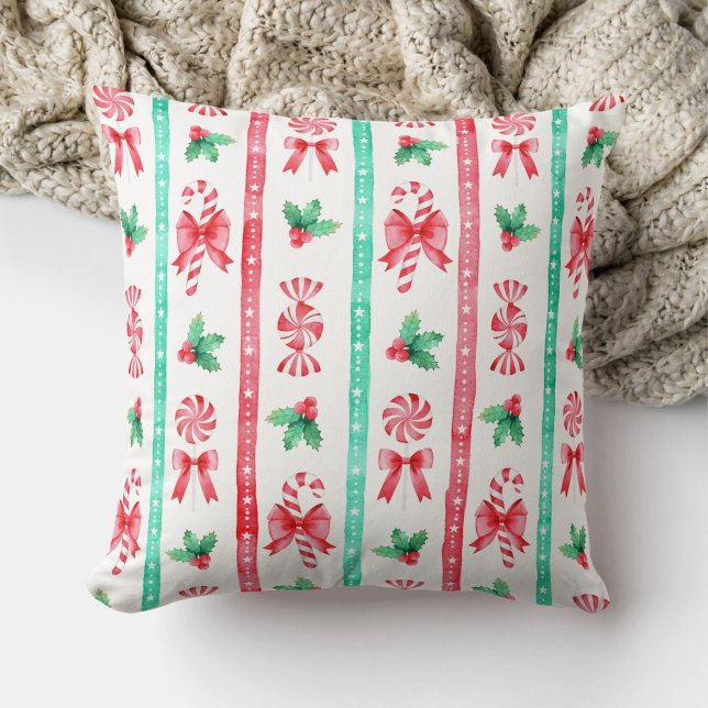 Watercolor Red + Green Stripes Candy Cane Cushion (Watercolor Red + Green Stripes and Christmas Candy Throw Pillow)