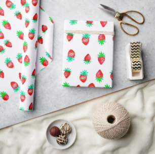 Watercolor Red & Green Vibrant Strawberry Pattern Wrapping Paper