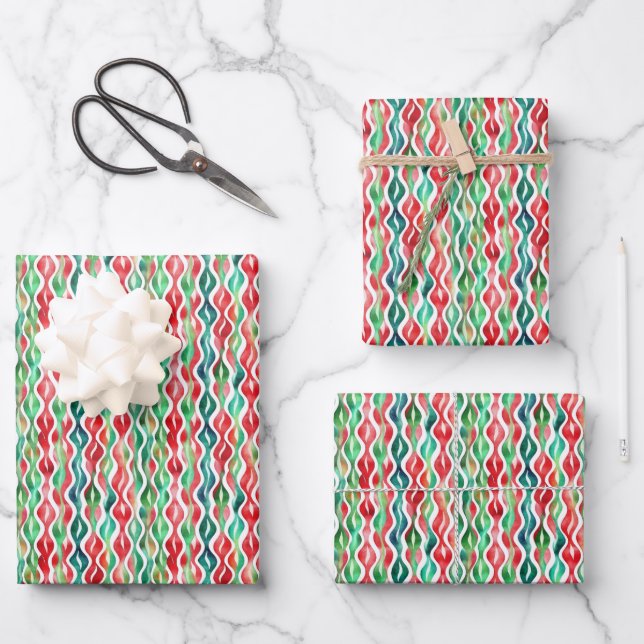 Watercolor Red & Green Wavy Lines Wrapping Paper Sheet (Front)