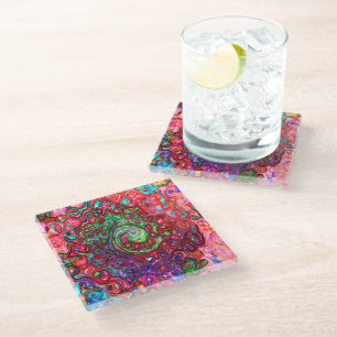 Watercolor Red Groovy Abstract Retro Liquid Swirl Glass Coaster