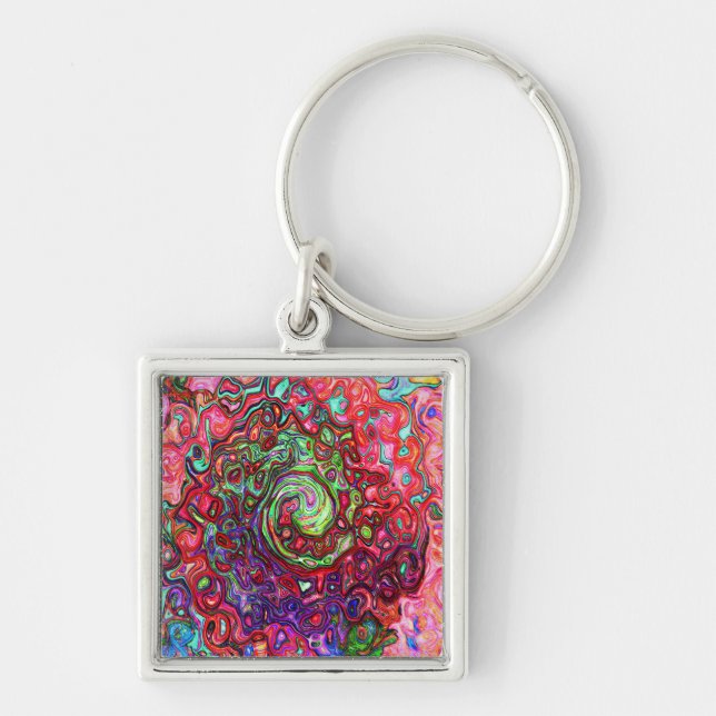 Watercolor Red Groovy Abstract Retro Liquid Swirl Key Ring (Front)