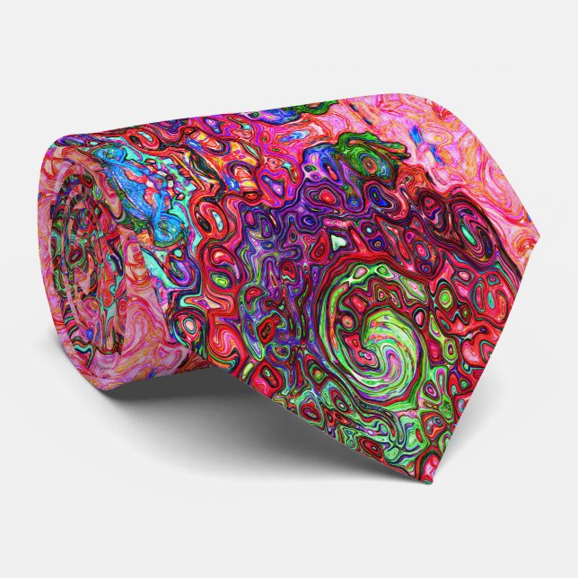 Watercolor Red Groovy Abstract Retro Liquid Swirl Tie (Rolled)