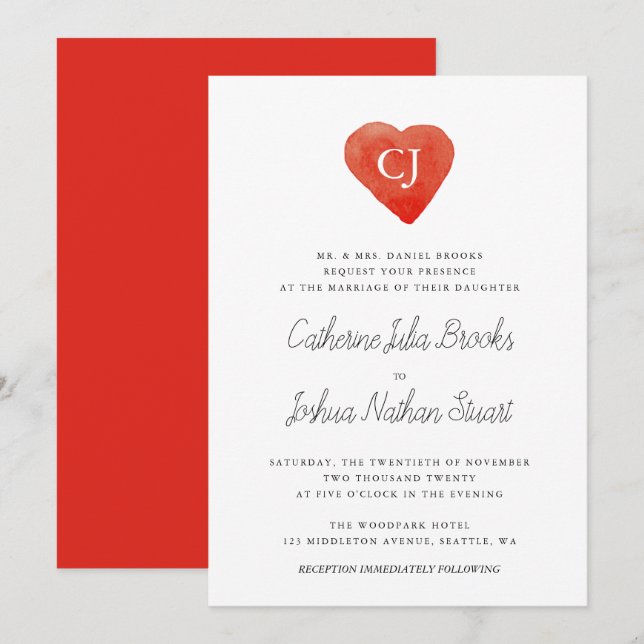 Watercolor Red Heart Wedding Invitation (Front/Back)