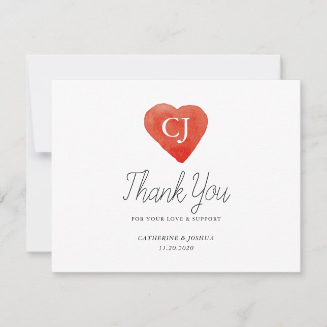 Watercolor Red Heart Wedding Photo Thank You Card (Front)