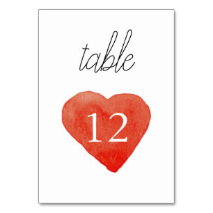 Watercolor Red Heart Wedding Table Number Card
