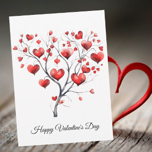 Watercolor Red Hearts Tree Happy Valentine's Day Holiday Card
