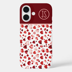 Watercolor Red Hearts Valentine's Day Monogrammed iPhone 16 Case
