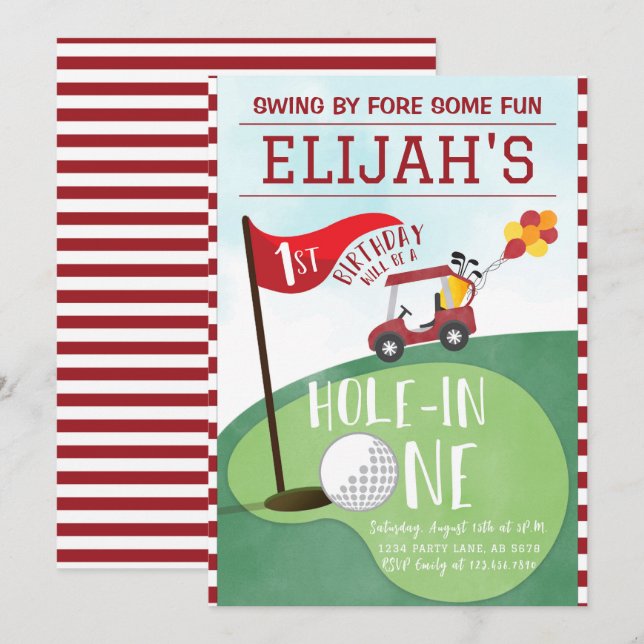 Watercolor Red Hole In One Golf 1st Birthday Invitation (Front/Back)
