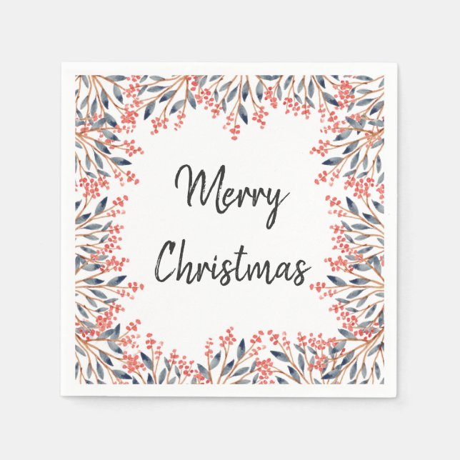 Watercolor Red Holiday Party Winter Berries Leaves Napkin (Front)