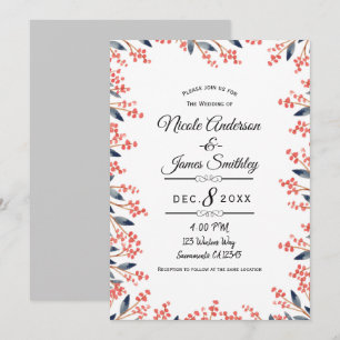 Watercolor Red Holiday Winter Berries Wedding Invitation