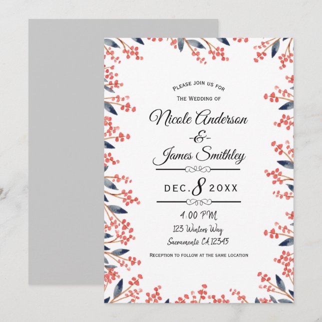 Watercolor Red Holiday Winter Berries Wedding Invitation (Front/Back)