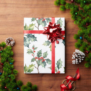 Watercolor Red Holly Berry Christmas Art Wrapping Paper
