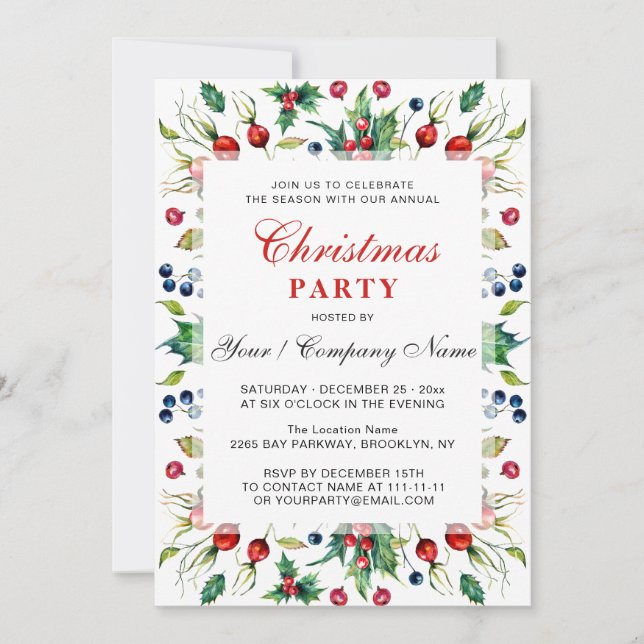 Watercolor Red Holly Berry Christmas Party Invitation (Front)