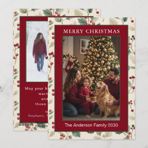 Watercolor Red Holly Berry Merry Christmas 2 Photo Holiday Card