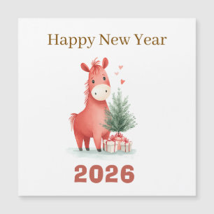 Watercolor Red Horse with Gifts & Christmas Tree 