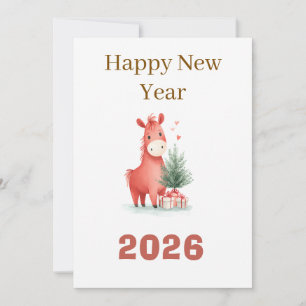 Watercolor Red Horse with Gifts & Christmas Tree  Card