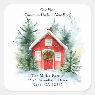Watercolor Red House New Address Return Address Square Sticker