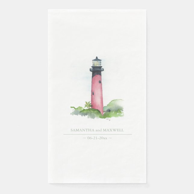 Watercolor Red Lighthouse Beach Wedding Napkin (Front)