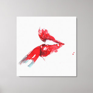 Watercolor red lips and lipstick feminine art  canvas print