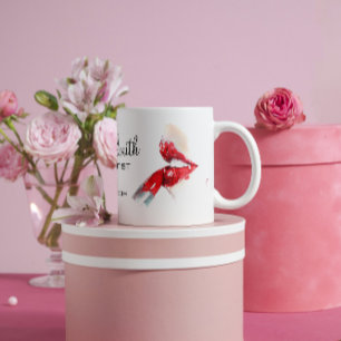 Watercolor red lips and lipstick makeup branding   coffee mug