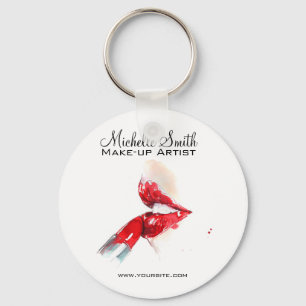 Watercolor red lips and lipstick makeup branding key ring
