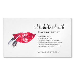 Watercolor red lips and lipstick makeup branding   	Magnetic business card