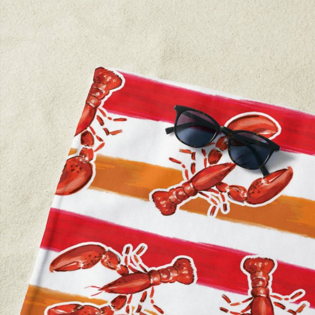 Watercolor Red Lobster Orange Stripes Personalised Beach Towel (In Situ)