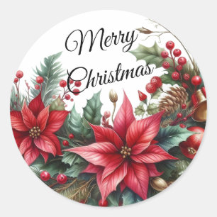 Watercolor Red Merry Christmas Flower Classic Round Sticker