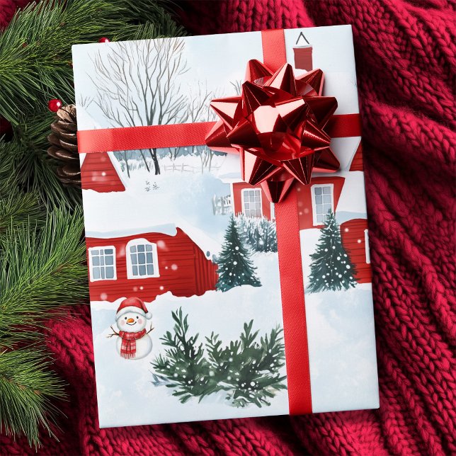 Watercolor Red Nordic Houses Snowman Christmas  Wrapping Paper (Watercolor Red Nordic Houses Snowman Christmas Wrapping Paper)