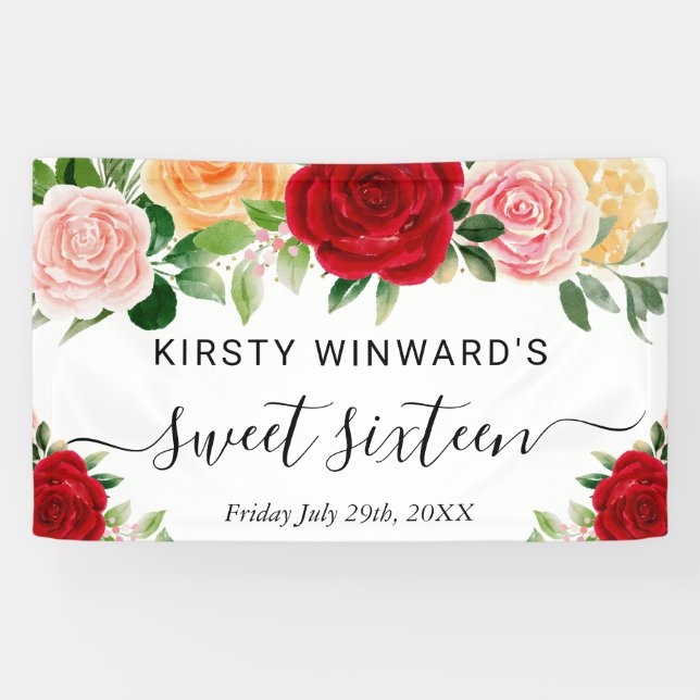 Watercolor Red Orange Roses Sweet 16 Welcome Banner (Horizontal)