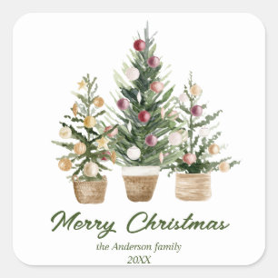 Watercolor Red Ornaments Tree Merry Christmas Square Sticker