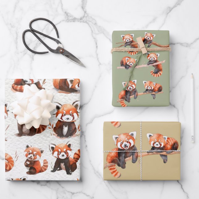 Watercolor Red Panda Bear Wrapping Paper Sheet (Front)