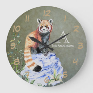 Watercolor Red Panda Monogram Sage Gold Large Clock