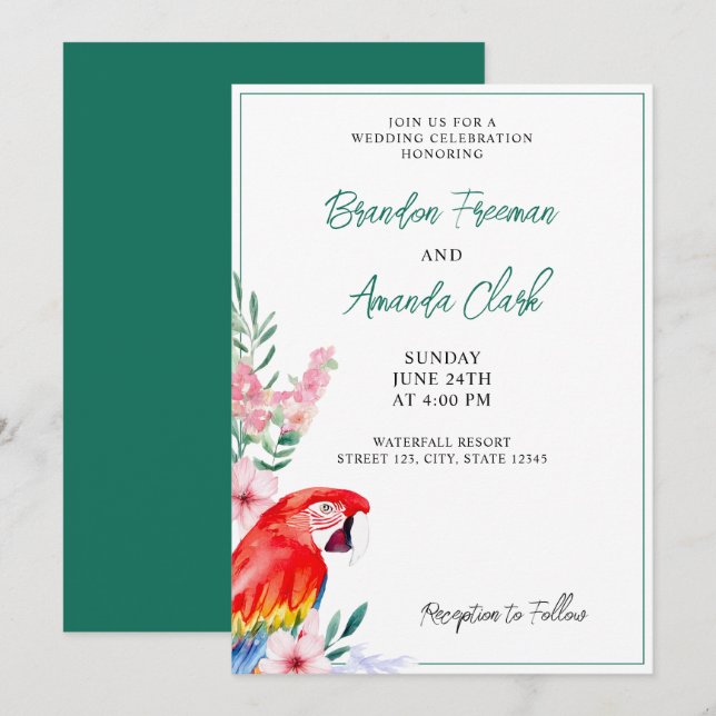 Watercolor Red Parrot Floral Wedding Invitation (Front/Back)
