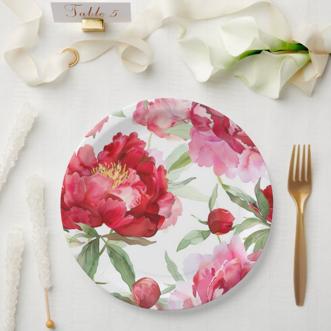 Watercolor Red Peony Pattern Paper Plate (Wedding)