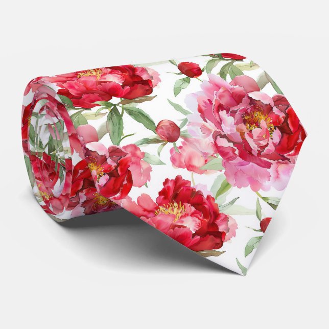 Watercolor Red Peony Pattern Tie (Rolled)