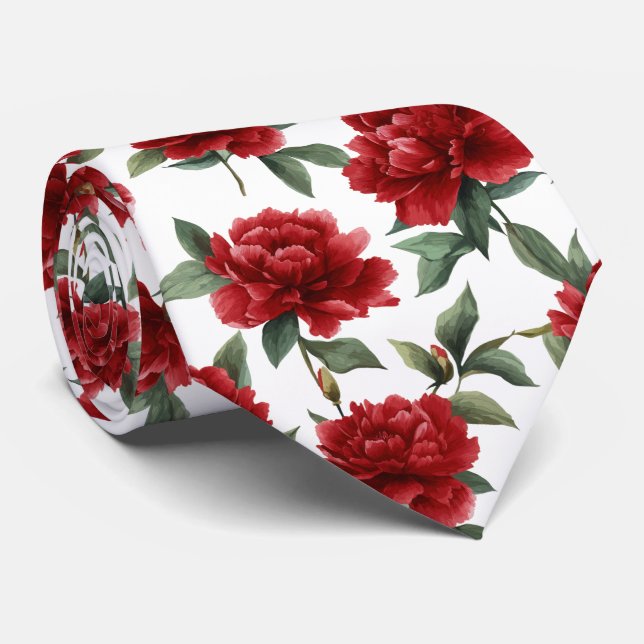 Watercolor Red Peony Pattern Tie (Rolled)