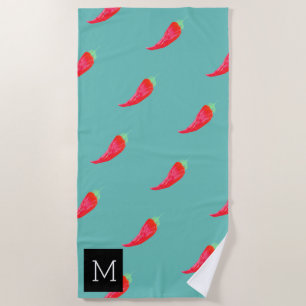 Watercolor Red Peppers Initial Beach Towel