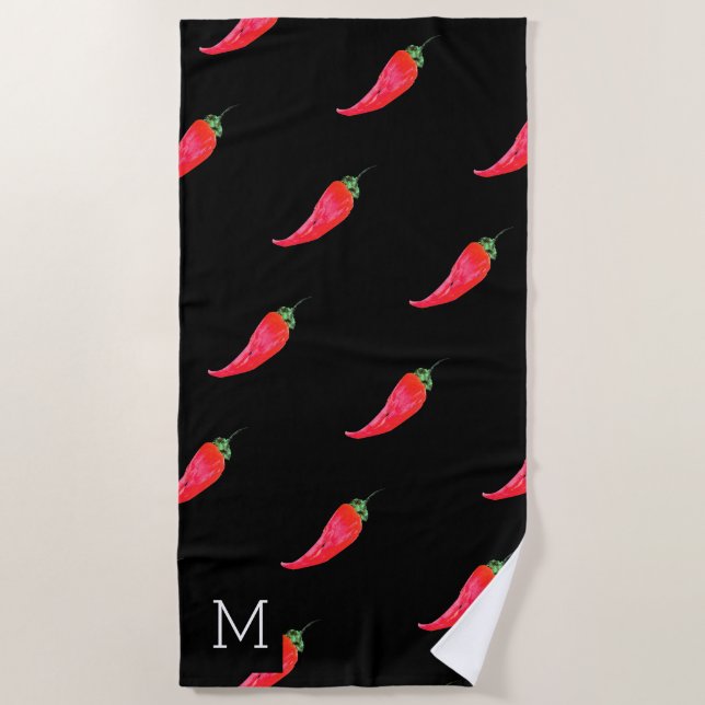 Watercolor Red Peppers Initial Beach Towel (Front)