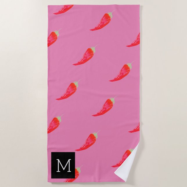 Watercolor Red Peppers Initial Pink Beach Towel (Front)