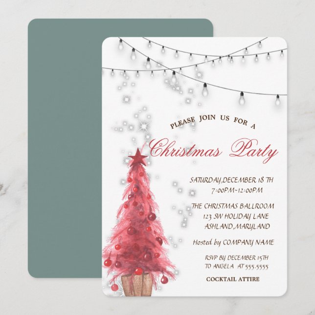 Watercolor Red PineTree,Lights,Christmas Party Invitation (Front/Back)