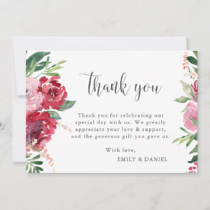 Watercolor Red Pink Blush Green Botanical Thank You Card