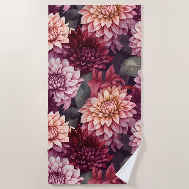 Watercolor Red Pink Dahlia Pattern Design Beach Towel (Front)