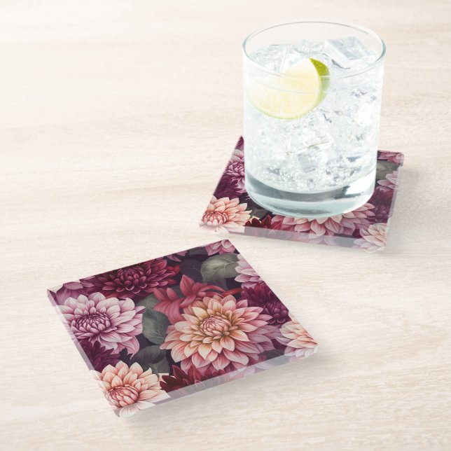 Watercolor Red Pink Dahlia Pattern Design Glass Coaster (Angled)