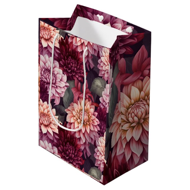 Watercolor Red Pink Dahlia Pattern Design Medium Gift Bag (Front Angled)
